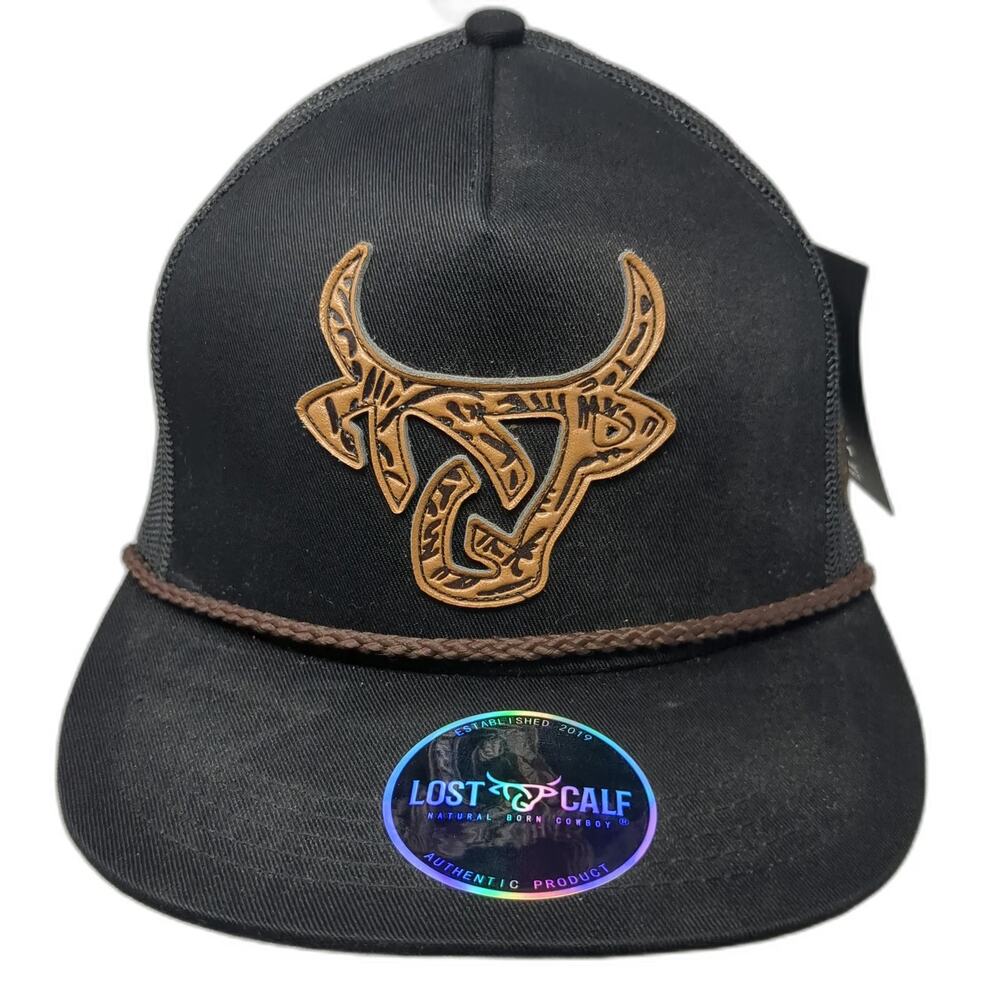 Lost Calf Trucker Hat Black OSFM Bull Patch Mesh Rope Western Buckle W/Tags